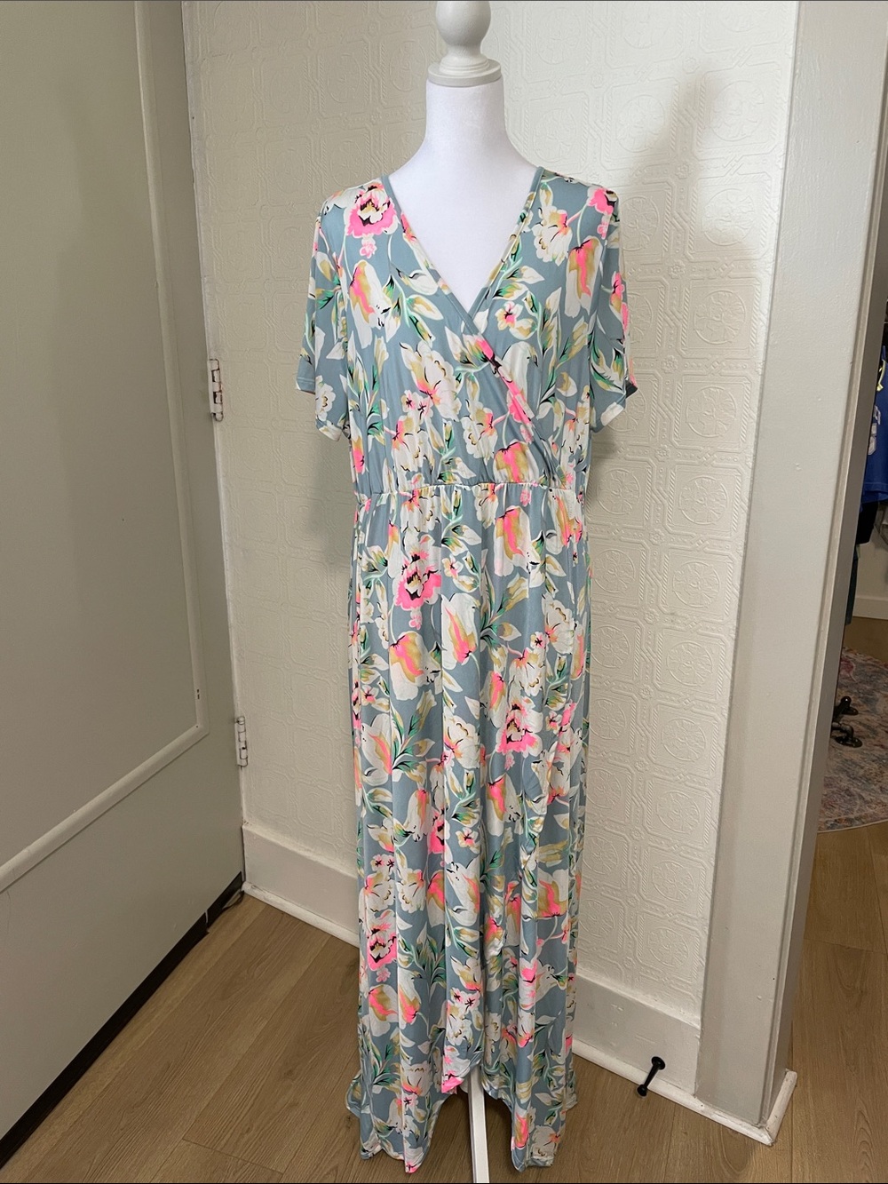 Sage Floral Wrap Maxi Dress with Pink Accents